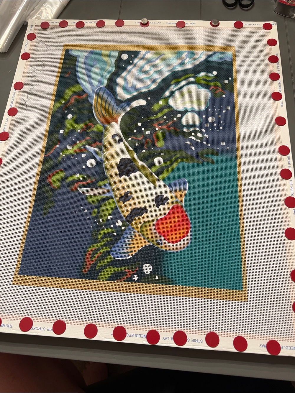 "Carp Detail #1" needlepoint canvas designed by Kathryn Molineux 🐈‍⬛